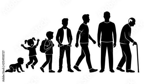 Seven human age stages black silhouette progression vector icon collection