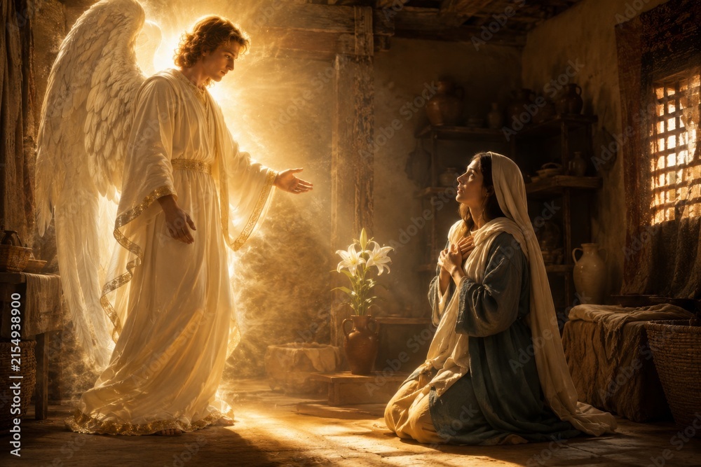 Fototapeta premium Angel appearing to praying woman in a humble ancient room. Divine revelation, faith, hope, biblical story, spiritual guidance, and religious Christmas concept.