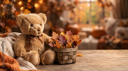 Cute Teddy Bear sitting next to a Small Basket of Autumn Leaves on a Rustic Wooden Table