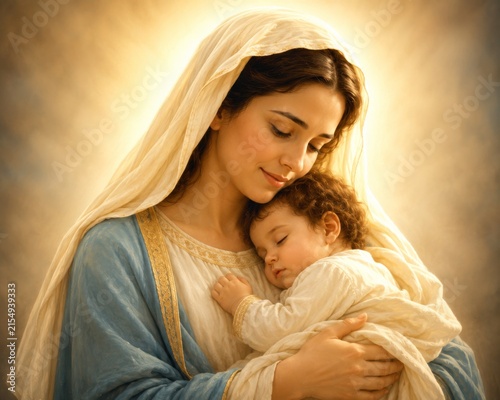 Woman holding sleeping baby in traditional clothing. Tender motherly love and protection, spiritual family portrait inspired by biblical art and religious tradition.