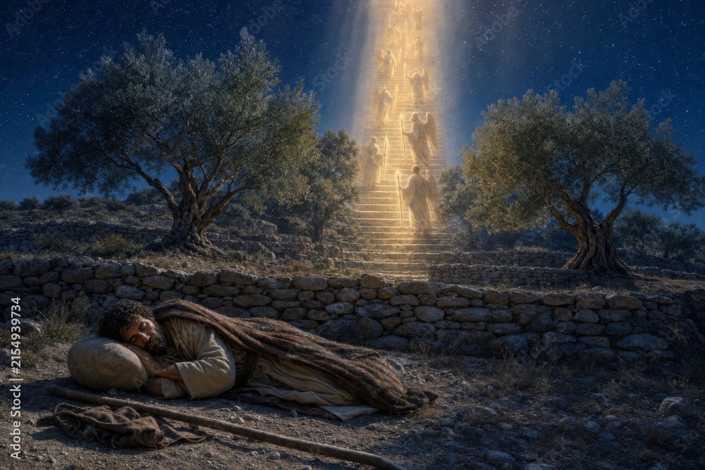 Fototapeta premium Sleeping man dreams of angels ascending a radiant stairway to heaven beneath ancient olive trees at night. Biblical vision of faith, hope, spirituality, and divine revelation.