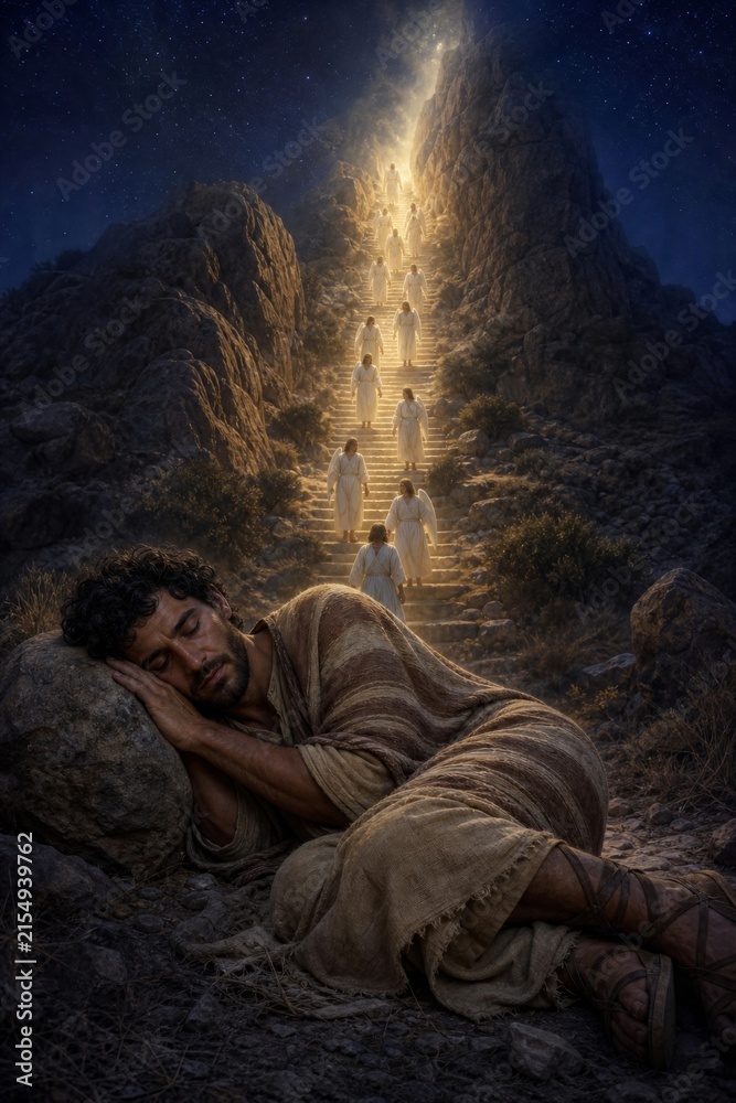 Fototapeta premium Sleeping man dreams of angels ascending a radiant mountain staircase under a starry night sky. Spiritual vision symbolizing faith, heaven, salvation, and divine guidance.