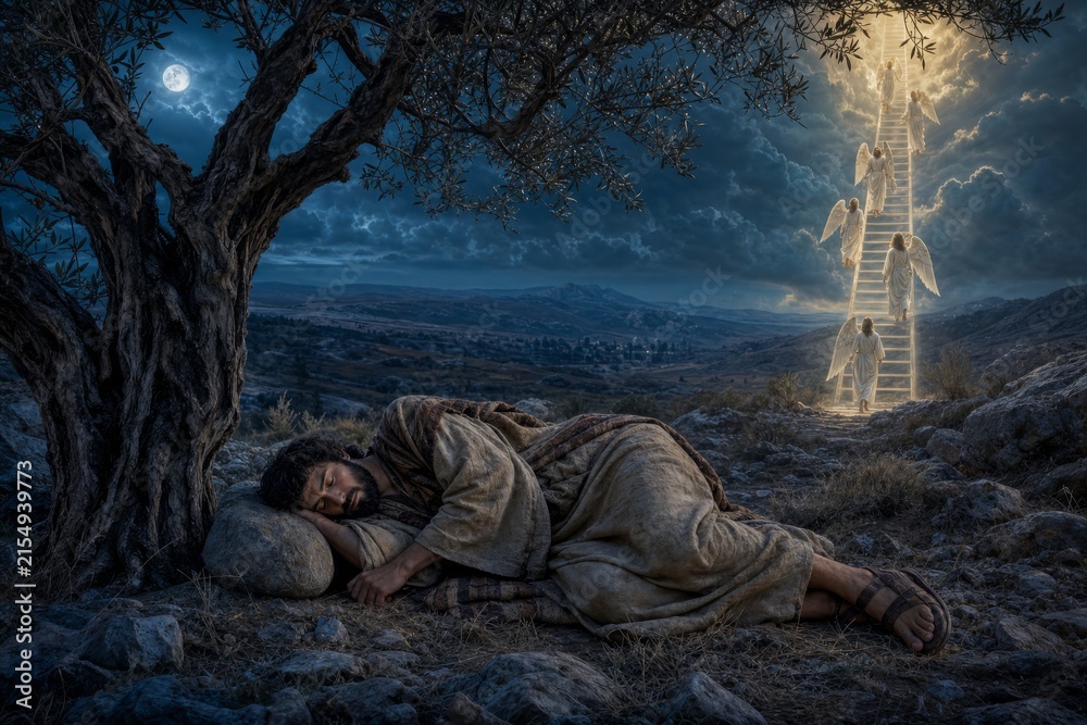 Fototapeta premium Sleeping man beneath an olive tree sees angels ascending a radiant ladder to heaven. Biblical dream vision symbolizing faith, revelation, spirituality, hope, and divine connection.