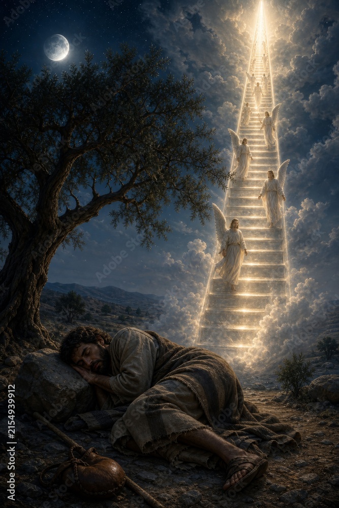 Fototapeta premium Sleeping man beneath a tree sees a radiant stairway to heaven with angels ascending through clouds. Biblical dream, spiritual vision and faith concept under the moonlit sky.