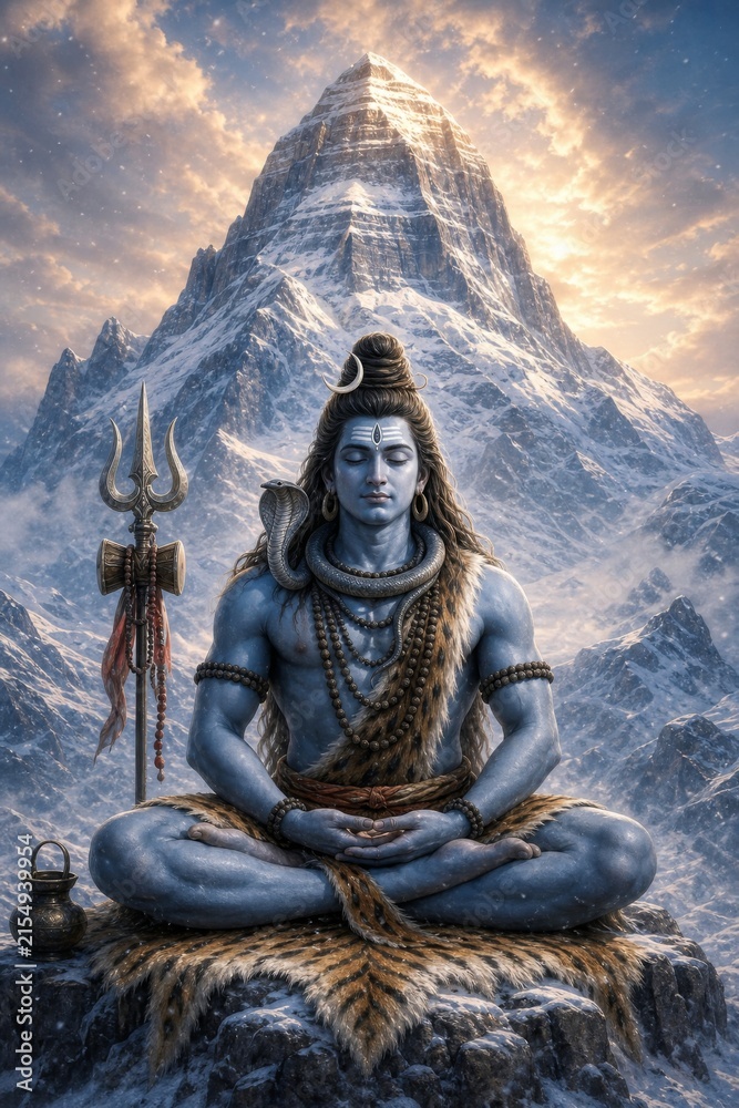 Naklejka premium Hindu god Shiva meditating before a snowy mountain peak with trident and serpent. Spiritual devotion, yoga, Himalayan mythology, and inner peace concept.