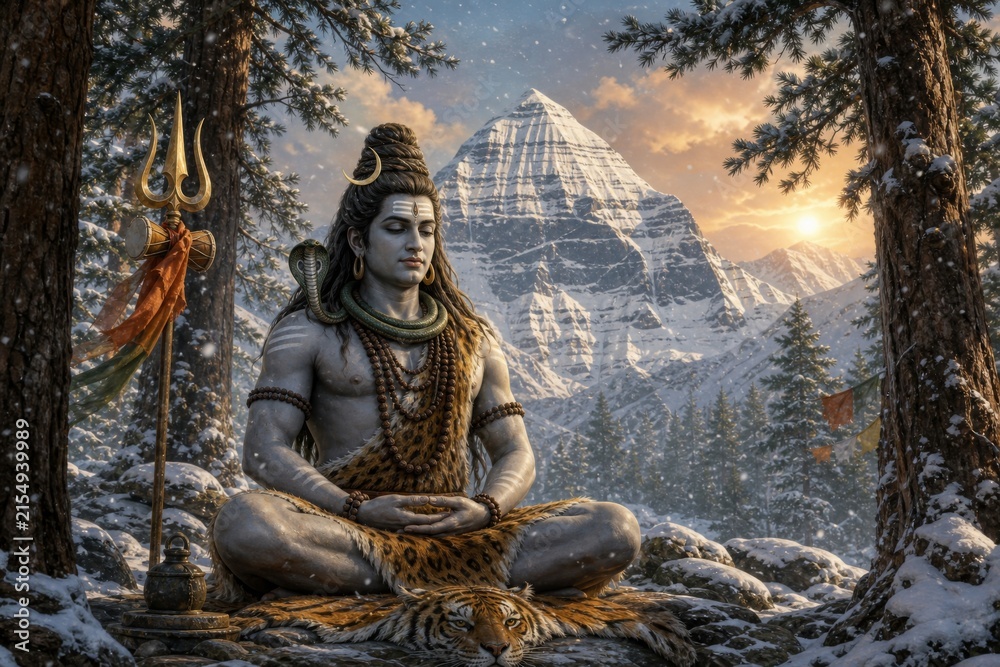 Fototapeta premium Hindu deity Shiva meditating in a snowy mountain forest beside a trident and sacred cobra. Spirituality, yoga, devotion, and Himalayan wilderness concept.