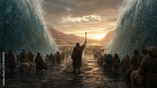 Prophet leading a large group through parted sea walls toward a mountain valley at sunrise. Biblical exodus scene symbolizing faith, freedom, leadership, and spiritual journey.