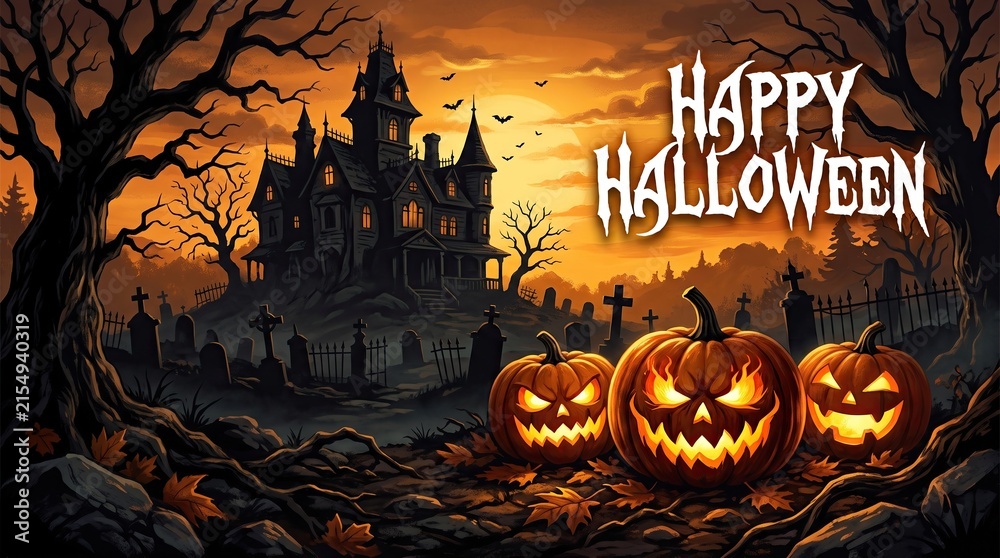 Fototapeta premium A spooky haunted mansion scene with glowing jack o lanterns for a festive happy halloween holiday background illustration