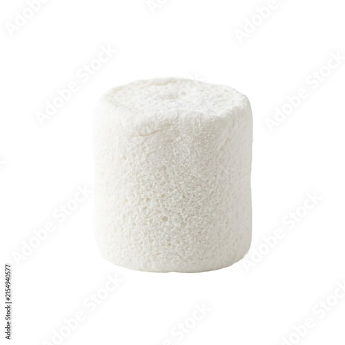 Fluffy white cylindrical marshmallow piece captured with detailed texture and soft lighting effects on transparent background