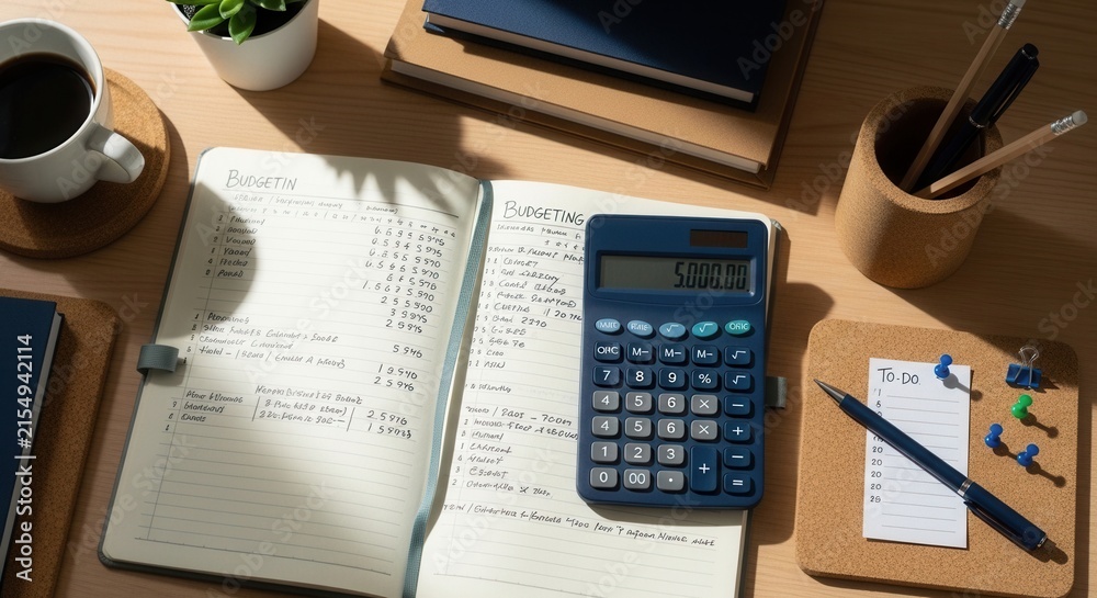 Obraz premium Desk Scene With Budgeting Notebook And Calculator For Financial Planning