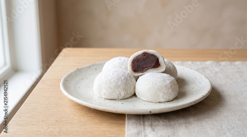 Japanese Mochi with Red Bean Paste on Plate Traditional Dessert