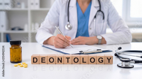 Doctor in white coat writing notes near wooden blocks spelling Deontology, stethoscope, and medicine pills on desk