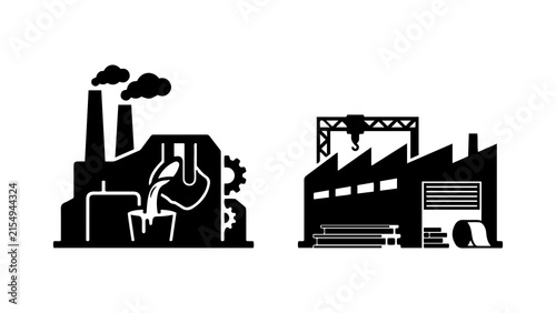 Black steel factory and metal manufacturing plant icons