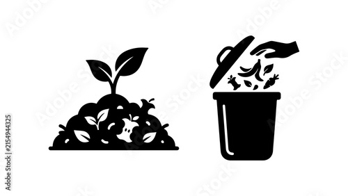 Compost pile and organic waste bin icons set
