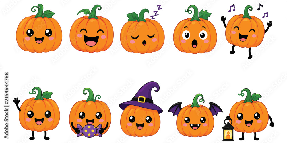 Fototapeta premium Cute pumpkin characters with various expressions and costumes on a white background
