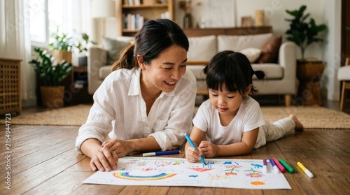 A caring asian mother teaching her young son at home to celebrate teacher's day by learning together on the living room floor