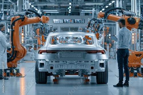 Electric Vehicle Assembly Line With Robotic Arms and Engineers Monitoring Production in a High-Tech Factory