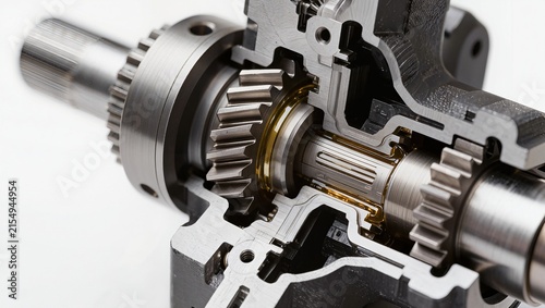 Cutaway gearbox with steel gears, precision shaft and internal mechanical components