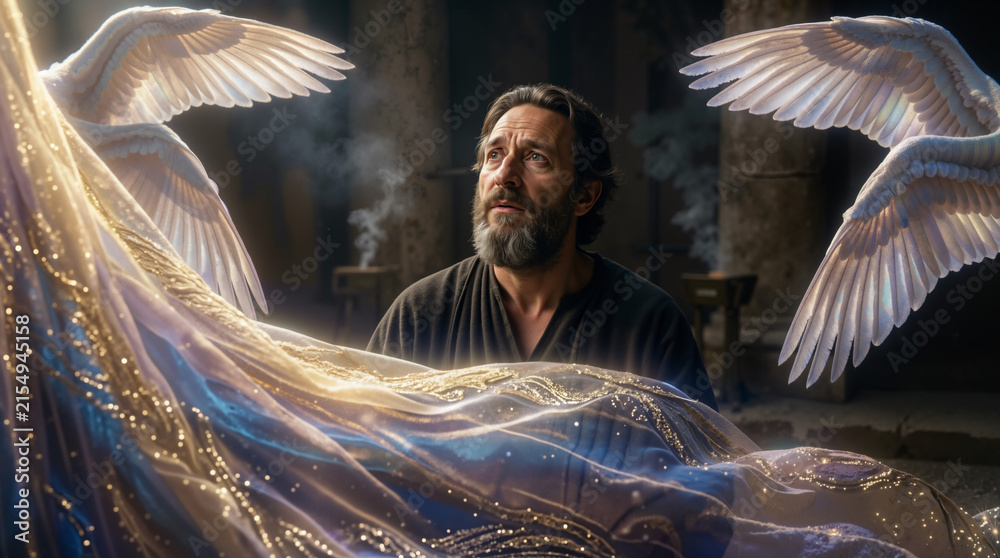 Naklejka premium Prophet Isaiah's vision of the Lord on the throne in the temple. Biblical scene of a man looking up in awe at divine seraphim wings and glowing golden robe. Old Testament religious art