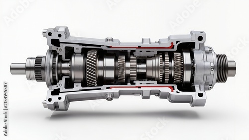 Cutaway gearbox showing internal gears, shafts, bearings and precision mechanical components