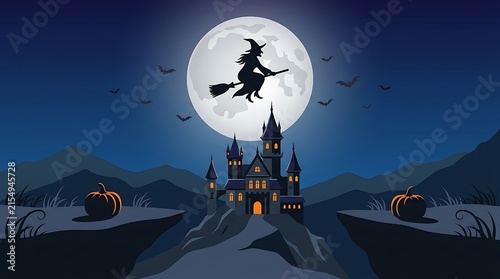 Silhouette of a witch flying on a broomstick in front of a haunted castle under a full moon