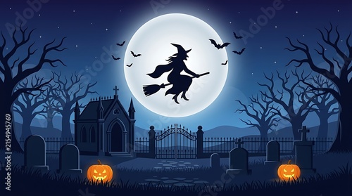 A silhouetted witch flies across a full moon over a spooky graveyard on a halloween night scene