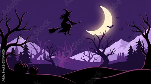 A dark silhouette of a witch is seen flying on a broomstick in front of a glowing crescent moon and a winter scene