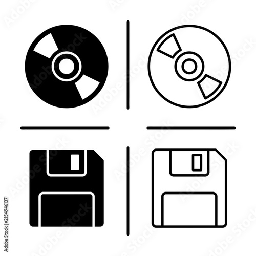 Foto Set of floppy disk and compact disc icons in black and white