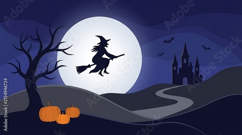 Spooky halloween scene with a silhouetted witch flying in front of a full moon and winding road