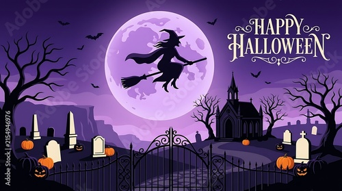 Silhouette of a witch flying on a broomstick against a full moon and spooky halloween graveyard scene