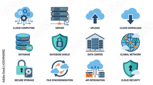 Cloud Computing and Database Security Icon Set with Data Storage Server and Network Icons