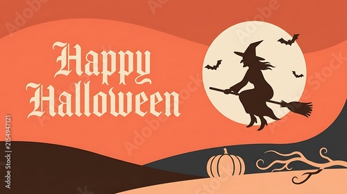 Festive halloween illustration featuring a silhouetted witch flying in front of a full moon and spooky landscape