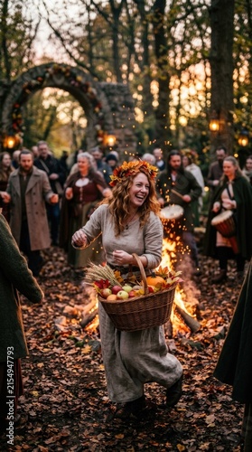 Smiling woman wearing leaf crown, carrying wicker basket filled with seasonal harvest, celebrating autumnal equinox festival near bonfire, dancing in twilight forest, pagan ritual.
