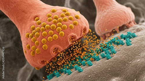 Synapse showing neurotransmitter hijacking, dopamine reward pathway activation with axonal vesicles releasing molecules into synaptic cleft.