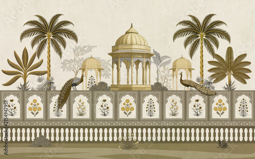 Foto Mughal garden vector illustration in sepia tone with golden palace domes, peacoc