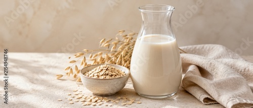 Oat milk in a carafe with rolled oats and oat stalks on a textured surface