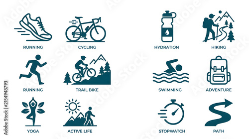 Active Lifestyle and Outdoor Sport Silhouette Icons Set