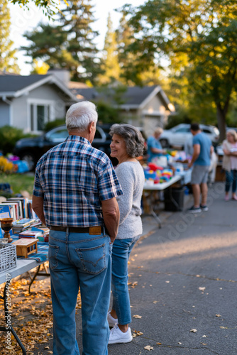 Friendly neighborhood garage sale in a suburban driveway, diverse shoppers browsing neatly arranged household goods, books, furniture, toys and kitchenware on folding tables, authentic weekend