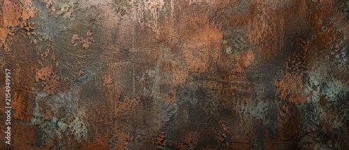 Textured aged metal panel with mottled copper and verdigris oxidation
