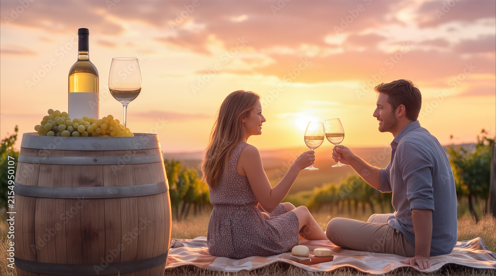 Fototapeta premium Couple toasting with white wine during romantic picnic in vineyard at sunset. Man and woman celebrating anniversary outdoors in rural landscape.