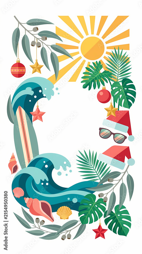 Naklejka premium A vibrant illustration of a tropical Christmas scene with palm trees and ocean waves Australian Christmas