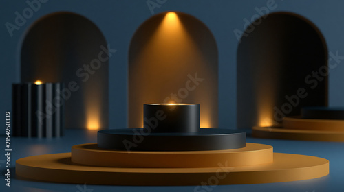 Sophisticated luxury background with abstract circular podiums and geometric arches, premium promotional design, minimalist gradients, elegant lighting effects, no logos, no watermark, offering a
