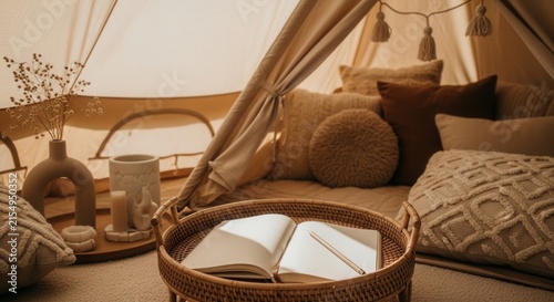 Cozy Tent Interior With Open Notebook And Decorative Pillows