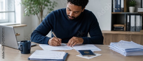Man filling out official immigration paperwork with passport and laptop nearby