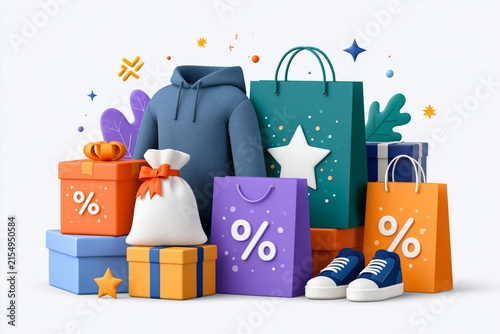 Shopping festival promotion with attractive discount graphics and neatly arranged products, vibrant colors, contemporary commercial illustration style, presented in stunning high resolution for