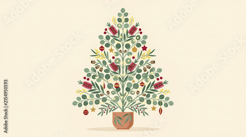 A festive Christmas tree decorated with flowers and ornaments in a pot Australian Christmas