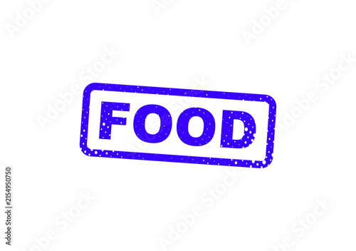 Bold blue rubber stamp with word food illustration