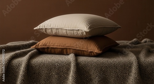 Cozy Stacked Cushions And Textured Blanket On Brown Background