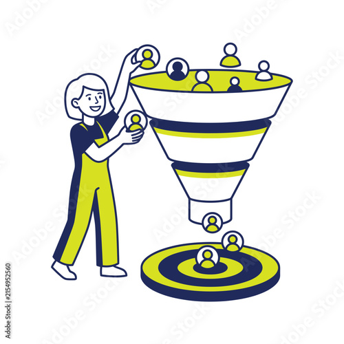 A professional woman placing user icons into a marketing funnel to convert leads into customers on a target board for business growth and strategy