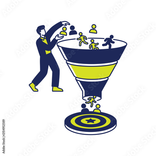 A professional businessman putting people icons into a marketing funnel to convert them into targeted customers and reach the goal on a bullseye target